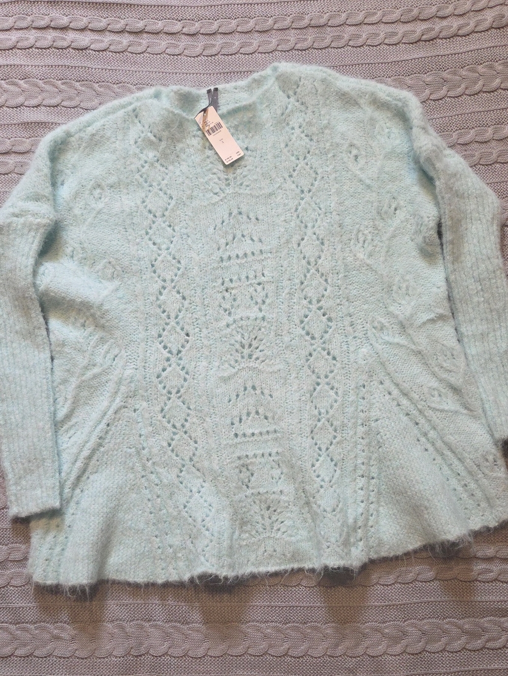 NWT Anthropologie Mint Blue Pointelle Sweater Crew Neck Long Sleeved Small Soft - Picture 3 of 7